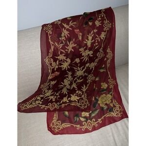 Vintage Silk Worth Sheer Red Maroon Ombré Floral Print Scarf / Wrap Regal Dark